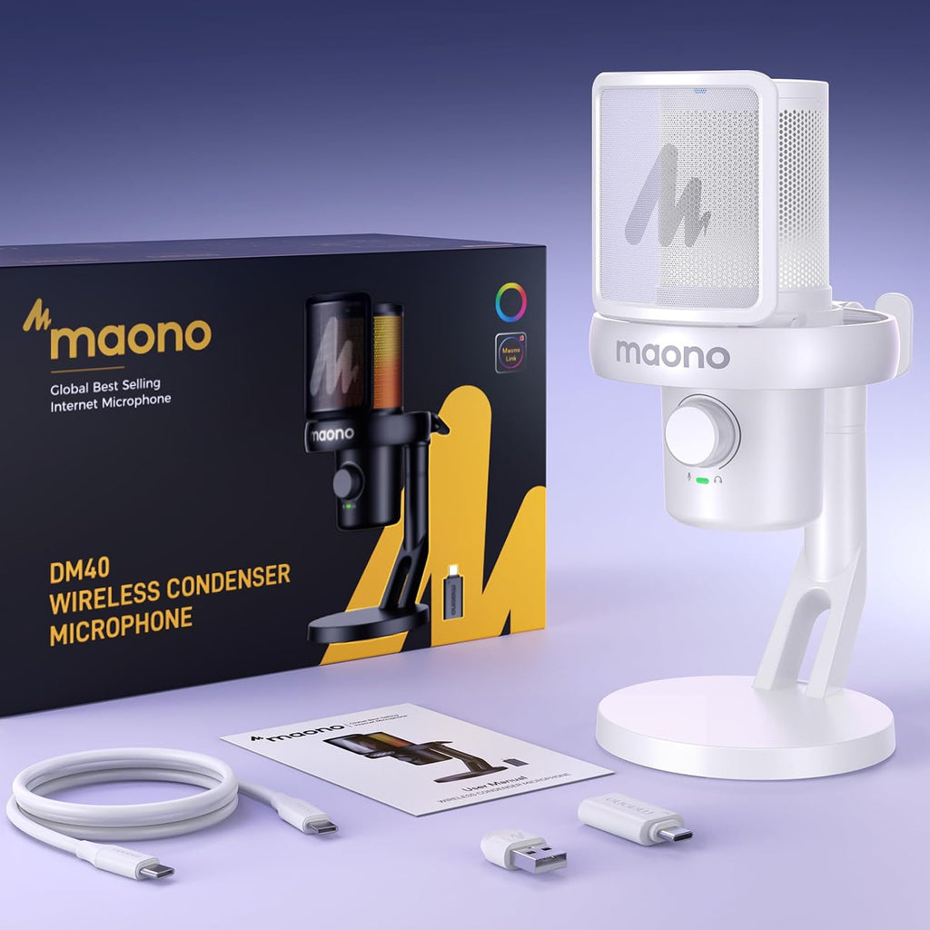 Wireless/Usb Gaming PC Microphone with 6 AI Voice Changer, DM40 White
