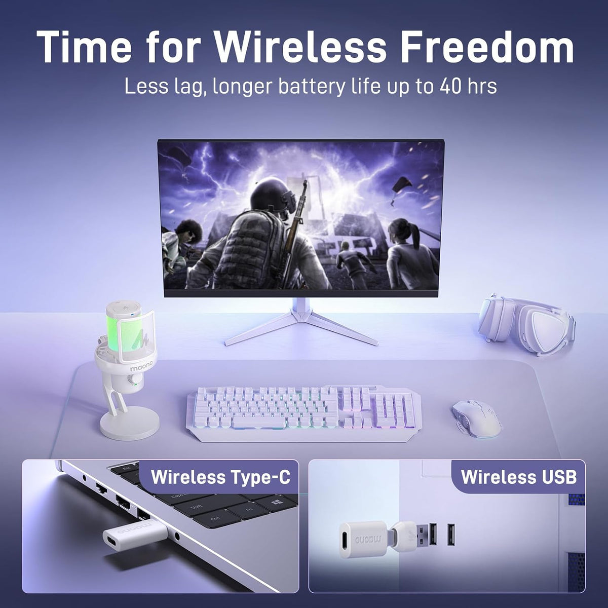 Wireless/Usb Gaming PC Microphone with 6 AI Voice Changer, DM40 White