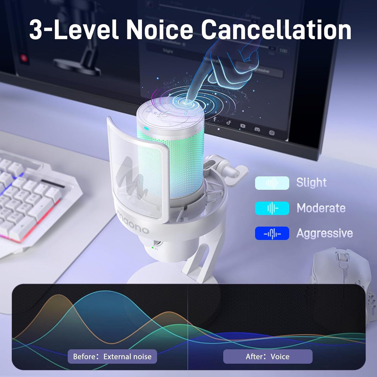 Wireless/Usb Gaming PC Microphone with 6 AI Voice Changer, DM40 White